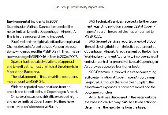 Extracto del informe anual de la compañía SAS del año 2007 donde se reflejan las altas sanciones impuestas a SPANAIR por repetidas violaciones de las rutas de despegue y aproximación de los aeropuertos del Prat y Barajas